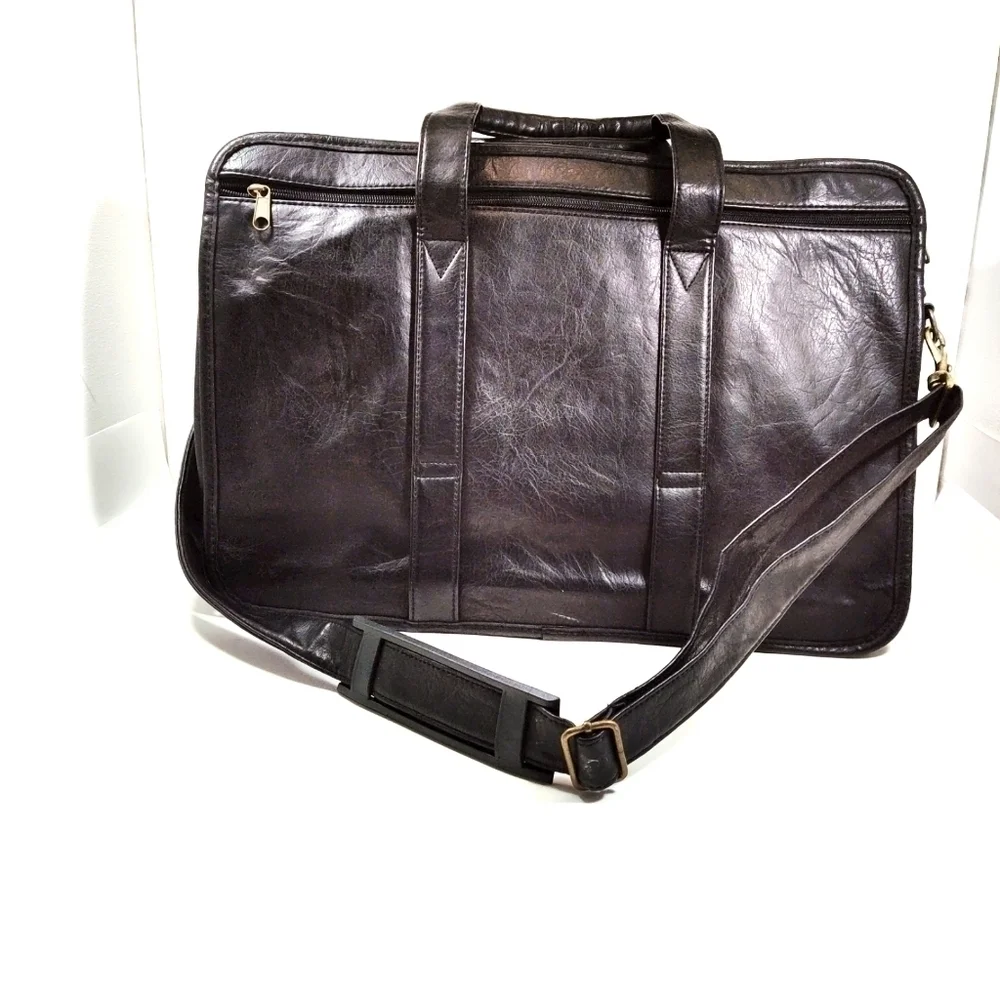 Black Faux Leather Briefcase Messenger Bag with Multiple Zipper Pockets